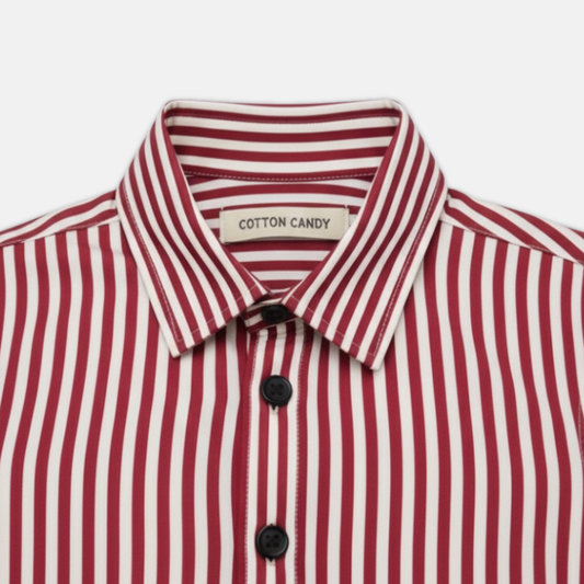 Red and white striped shirt with a visible brand label on a white background