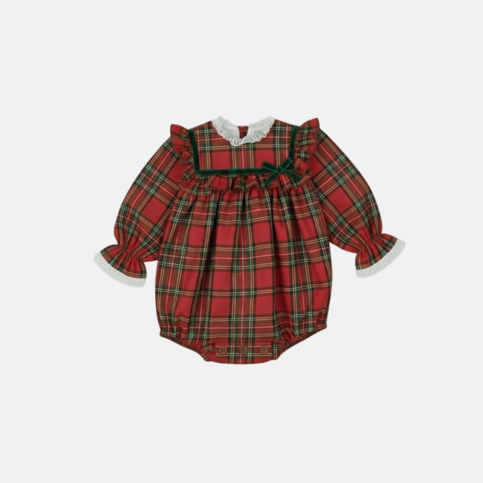 Red plaid baby romper with white lace collar on a light gray background