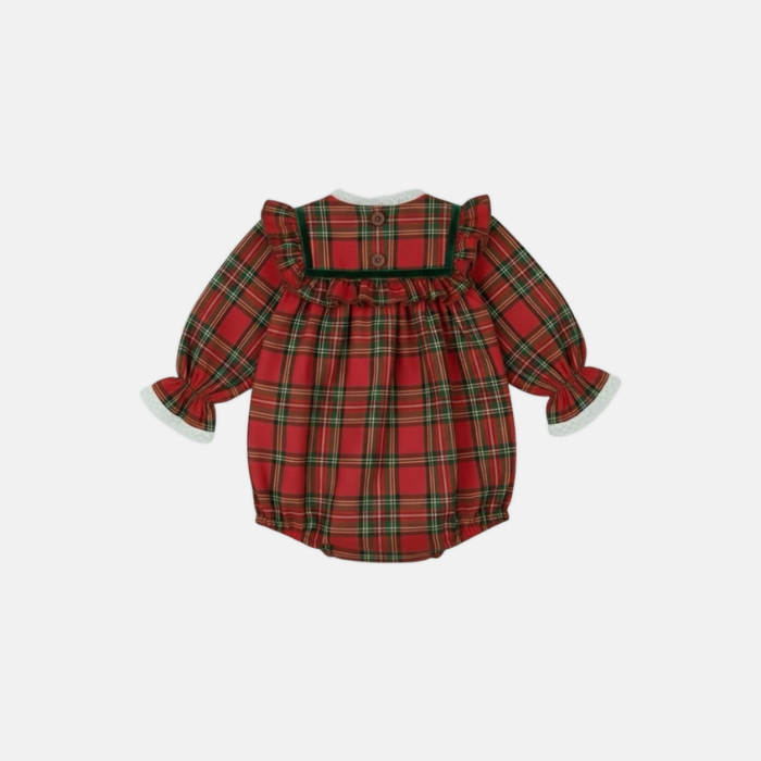 Red plaid baby romper with white lace collar on a light gray background