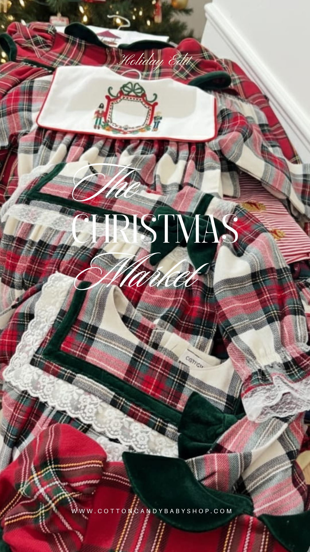 Plaid baby outfit with lace details on a white surface, labeled 'The Christmas Market' from Cotton Candy Babyshop